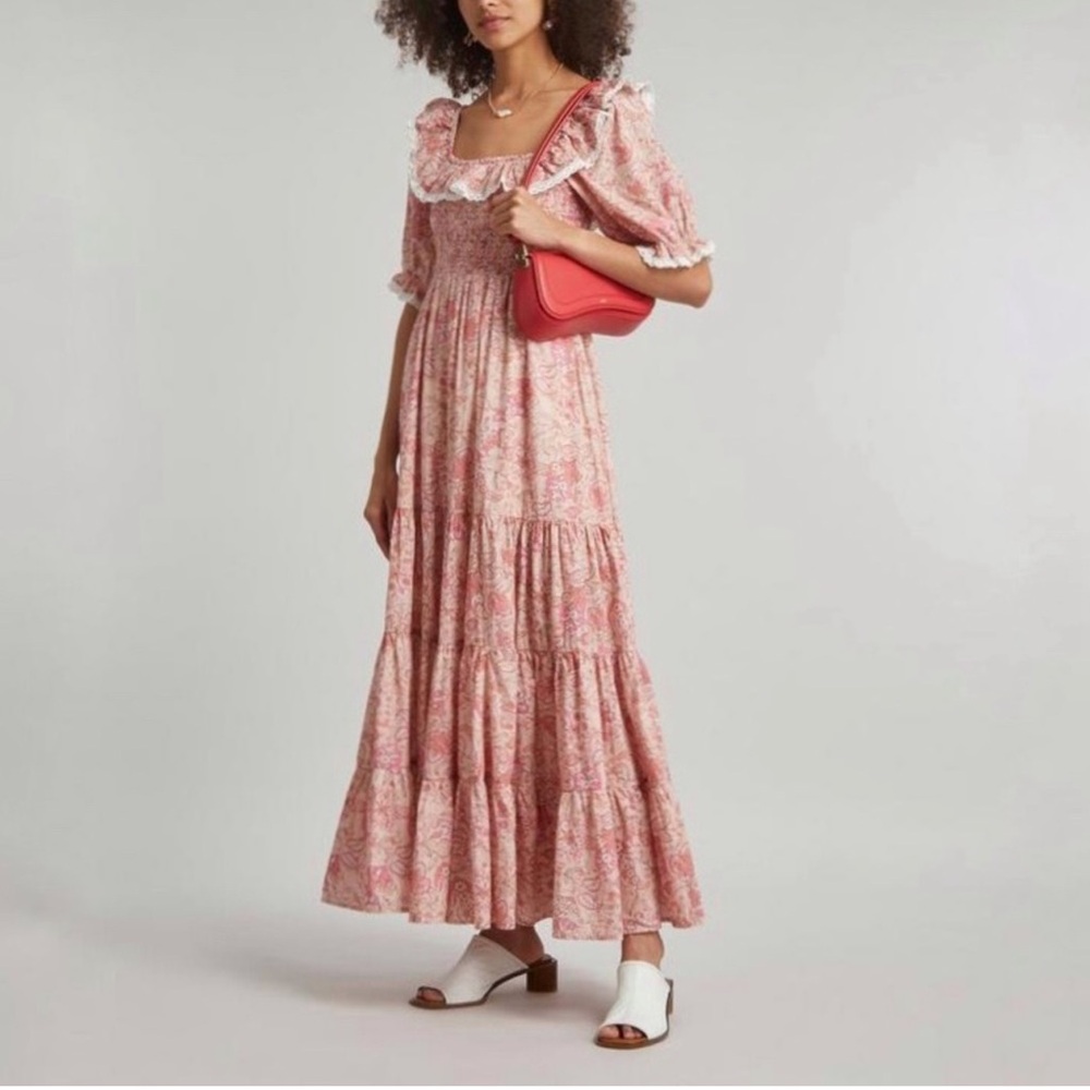 RIXO Joanie Pink Paisley Midi Dress in Pink Coral Multi Size S US 6